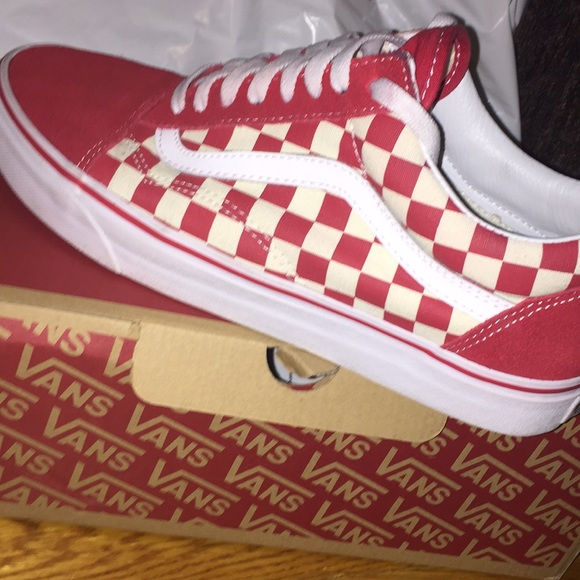 red checkerboard vans on feet